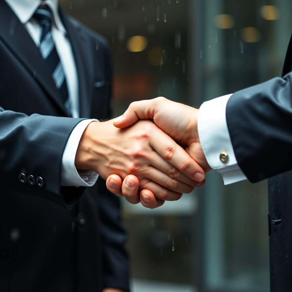 Tight close-up shot, two businesspeople shaking hands, wet rainy scene, drizzling rain, reflective surfaces, detailed focus, realistic, professional