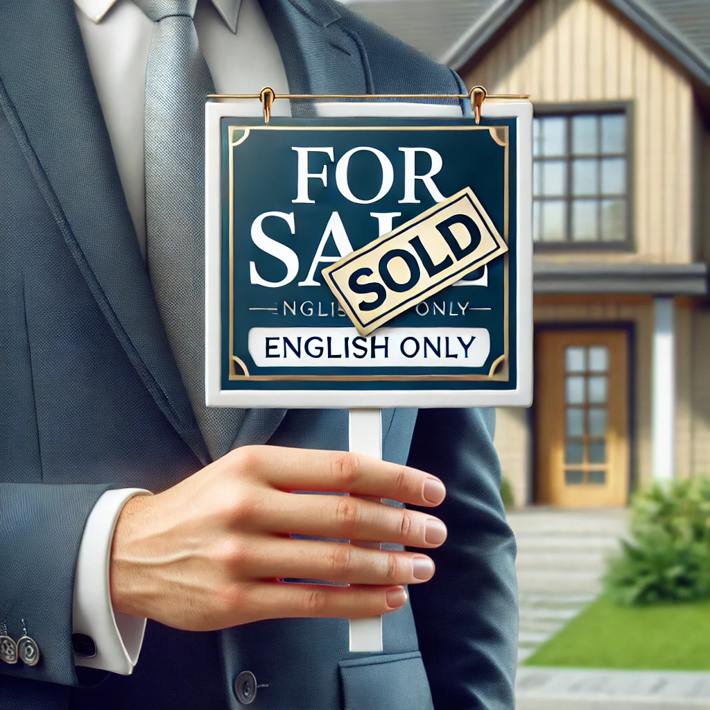 DALL·E 2025-03-04 22.38.56 - A professional-looking hand holding a 'For Sale' or 'Sold' sign in English only. The background features a well-maintained, inviting house. The color